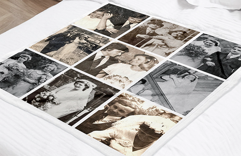 Mink Touch Fotodeken van Printerpix|Gepersonaliseerde Dekens|Grote fotodeken op tweepersoonsbed met foto van meisje|Fotodeken afbeelding met groottevergelijking|Fotodeken zwart-wit collage afbeelding||||||