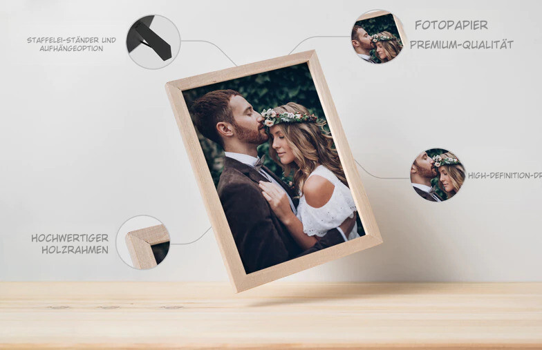 Gepersonaliseerde fotoprint in een hoogwaardige houten lijst, met ezelstandaard of ophangoptie.  Premium papier en hoge-definitie print.