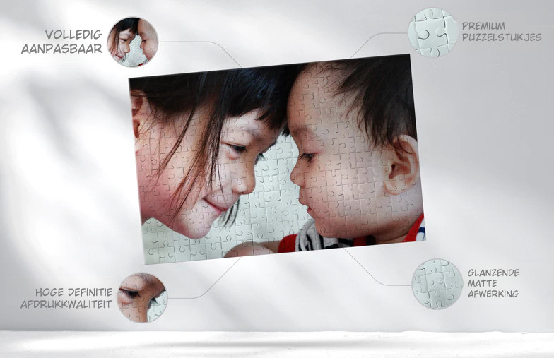 Gepersonaliseerde fotoleg puzzel: Hoge-definitie print van twee kinderen, premium stukken, glanzende matte afwerking. Creëer je unieke herinnering!
