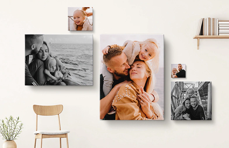 Canvaspanelen: Bewaar je favoriete verhalen met een galerijwand van canvasprints. Kies uit pakketten van 3, 9 of meer.